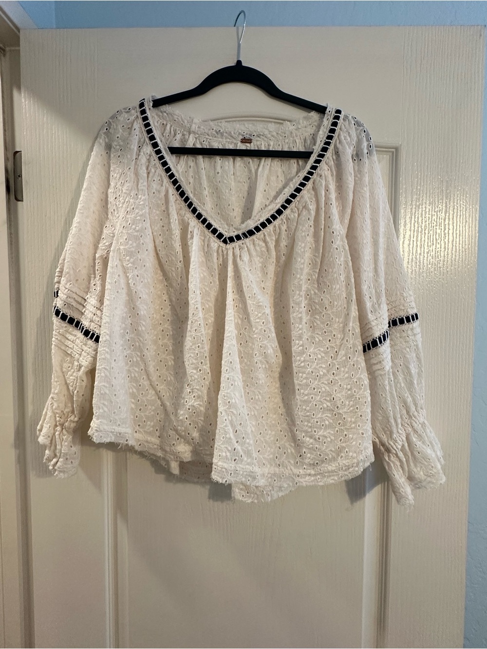 Free People Women’s White Eyelet V-Neck Peasant Top with Black Trim